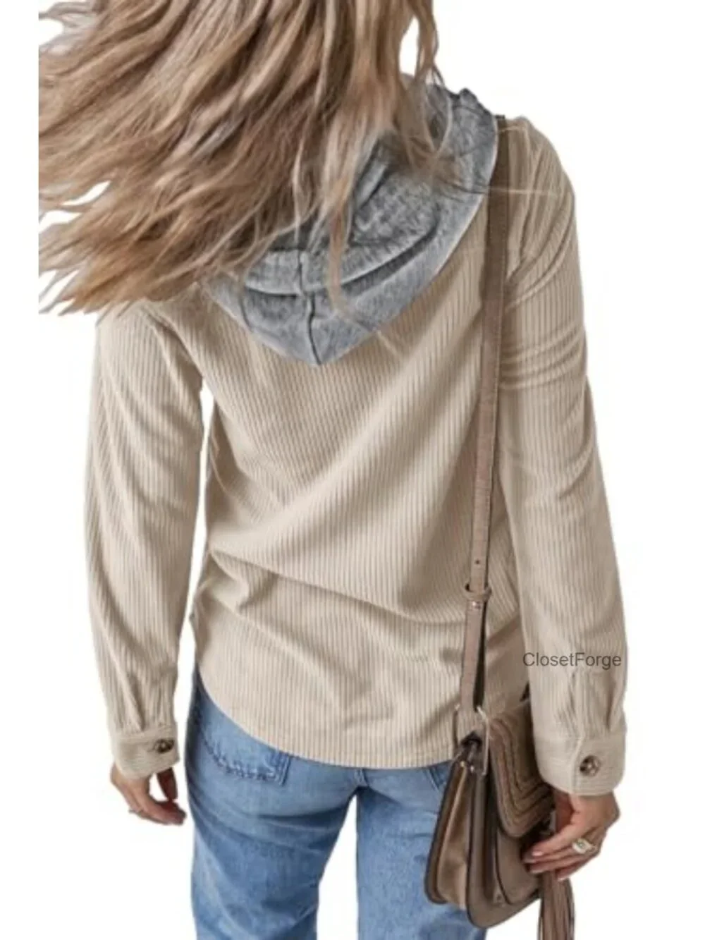 Women's Long Sleeve Button Down Corduroy Shacket Jacket with Hood